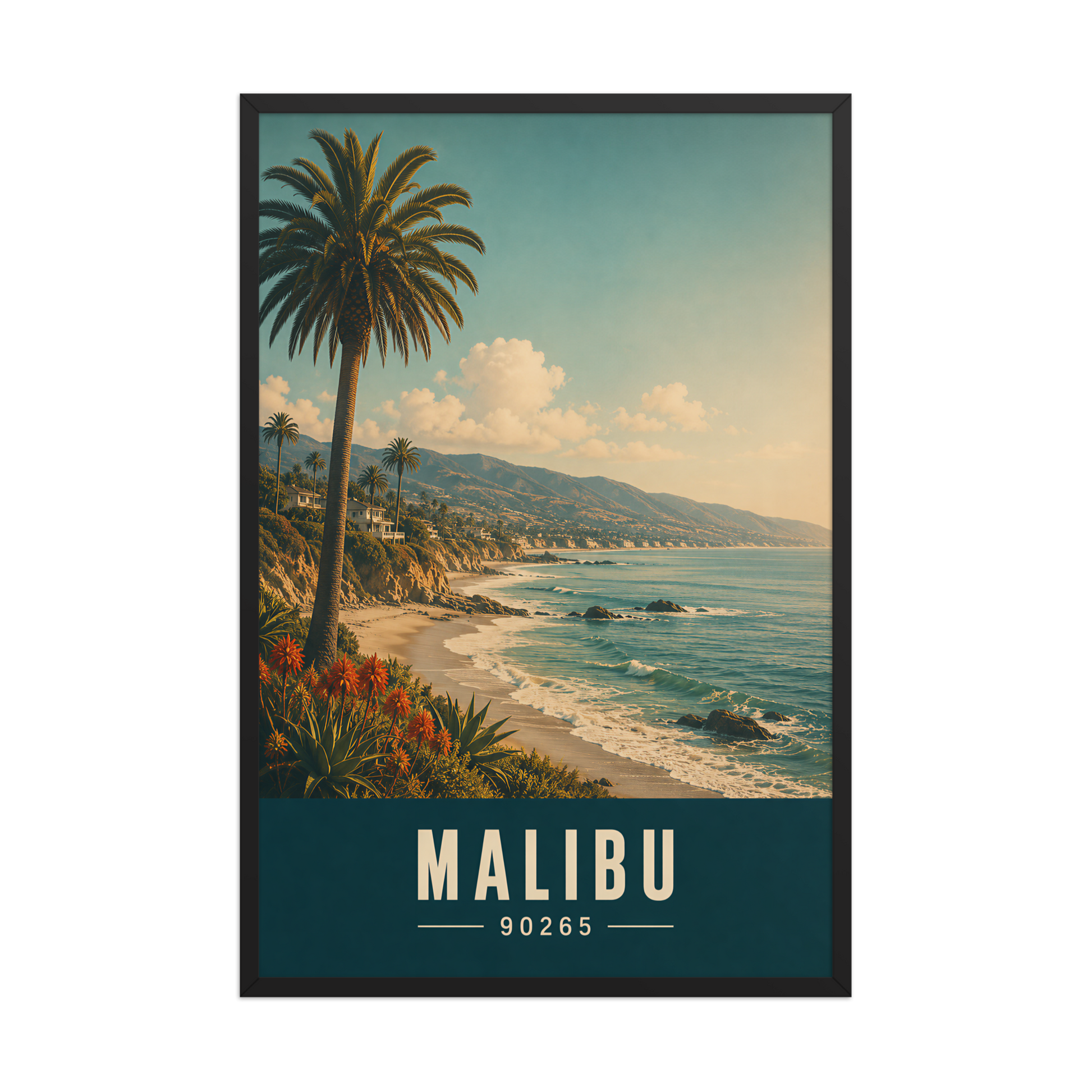 Framed Malibu California retro travel poster with 90265 zip code, coastal beach wall art