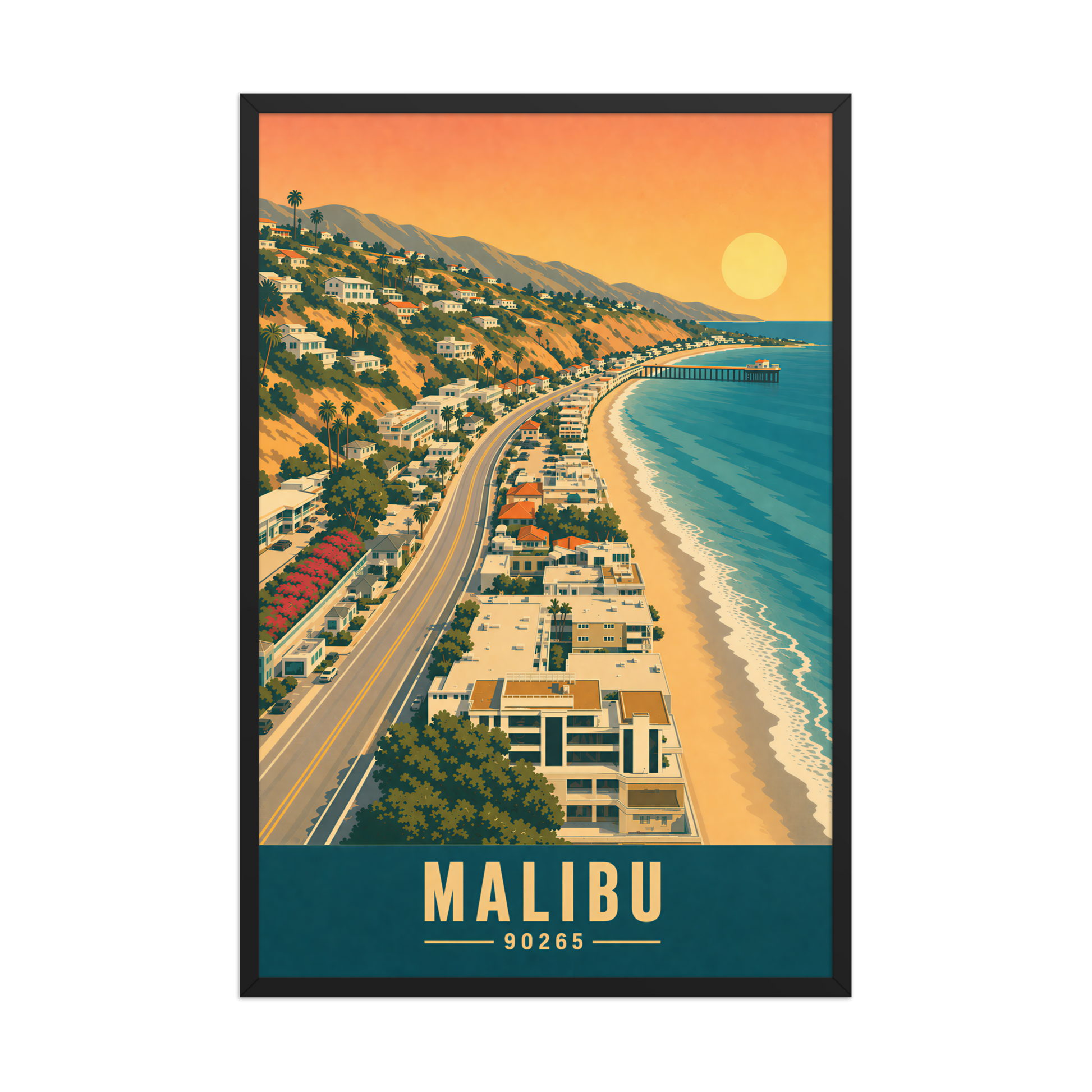 Framed aerial Malibu Pacific Coast Highway poster with 90265 zip code