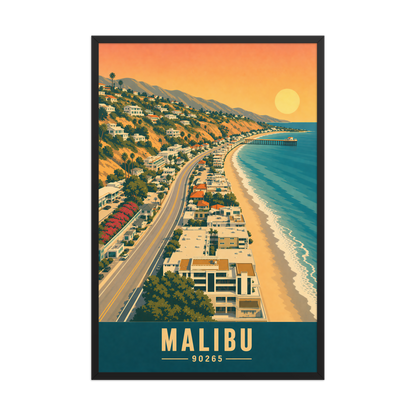 Framed aerial Malibu Pacific Coast Highway poster with 90265 zip code
