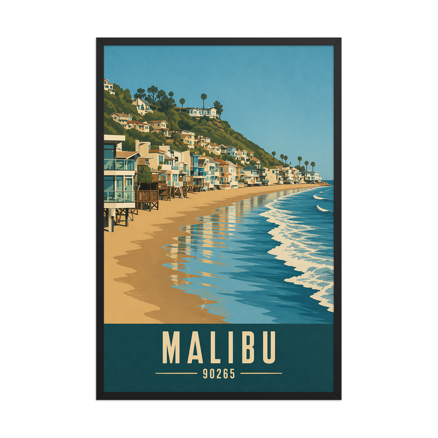 Framed Malibu beach house coastal poster with 90265 zip code
