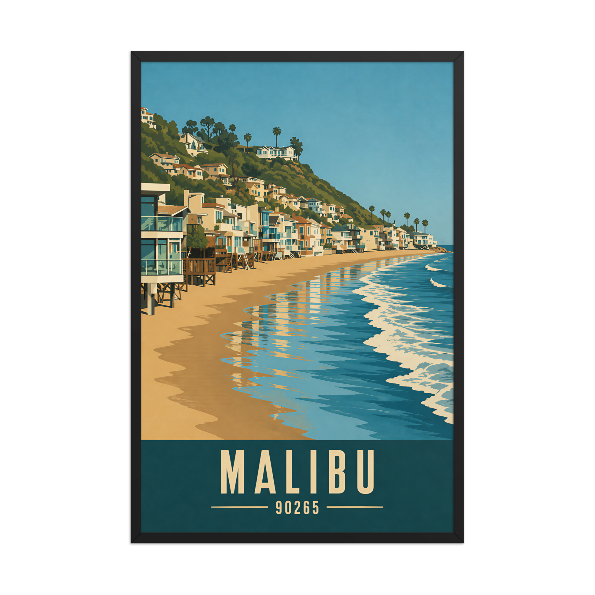 Framed Malibu beach house coastal poster with 90265 zip code