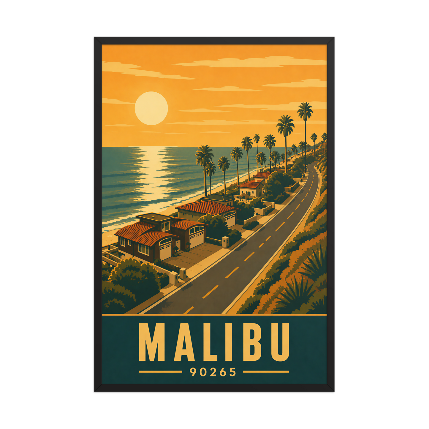 Framed Malibu palm-lined sunset coastal road poster with 90265 zip code