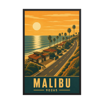Framed Malibu palm-lined sunset coastal road poster with 90265 zip code