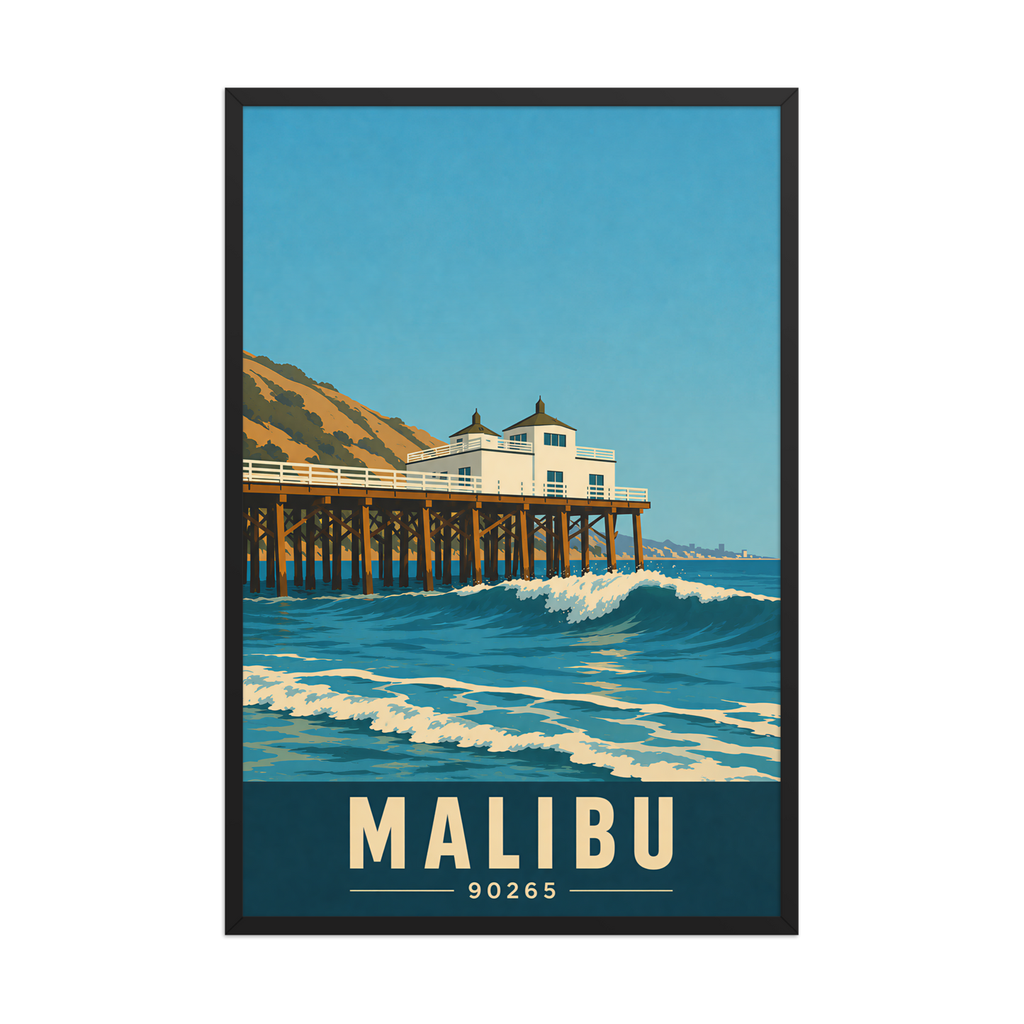 Framed Malibu oceanfront pier and waves poster with 90265 zip code