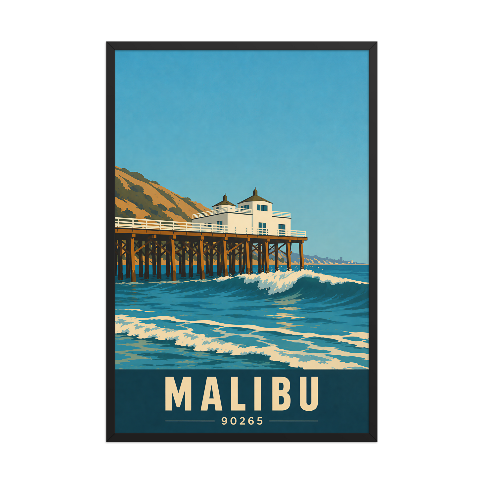 Framed Malibu oceanfront pier and waves poster with 90265 zip code