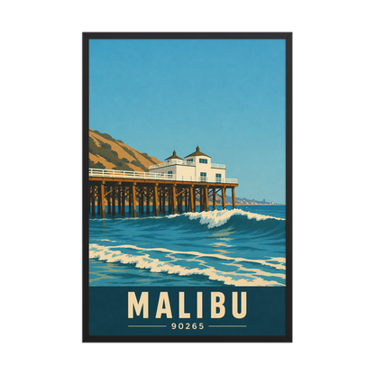 Framed Malibu oceanfront pier and waves poster with 90265 zip code
