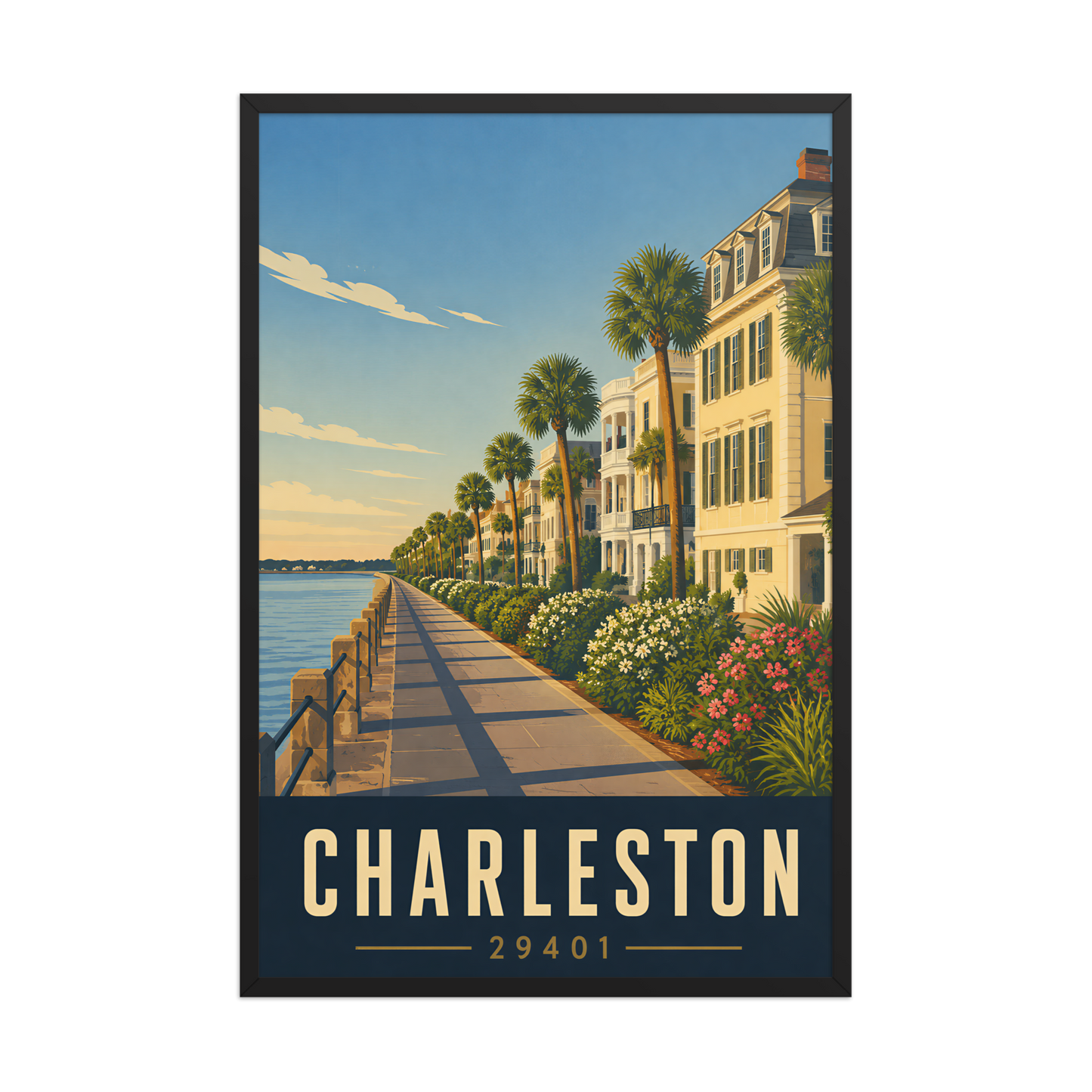 Framed Charleston The Battery waterfront poster with 29401 zip code