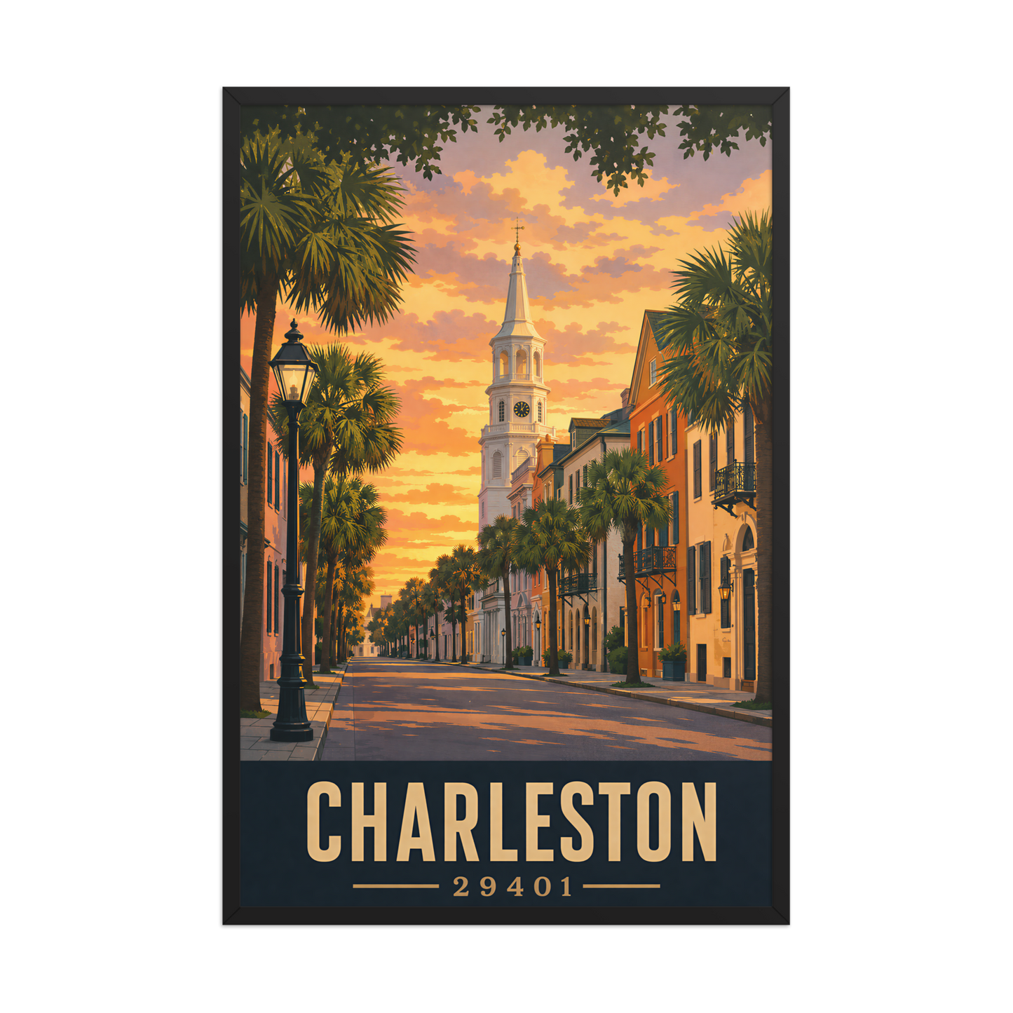 Framed Charleston church steeple sunset poster with 29401 zip code