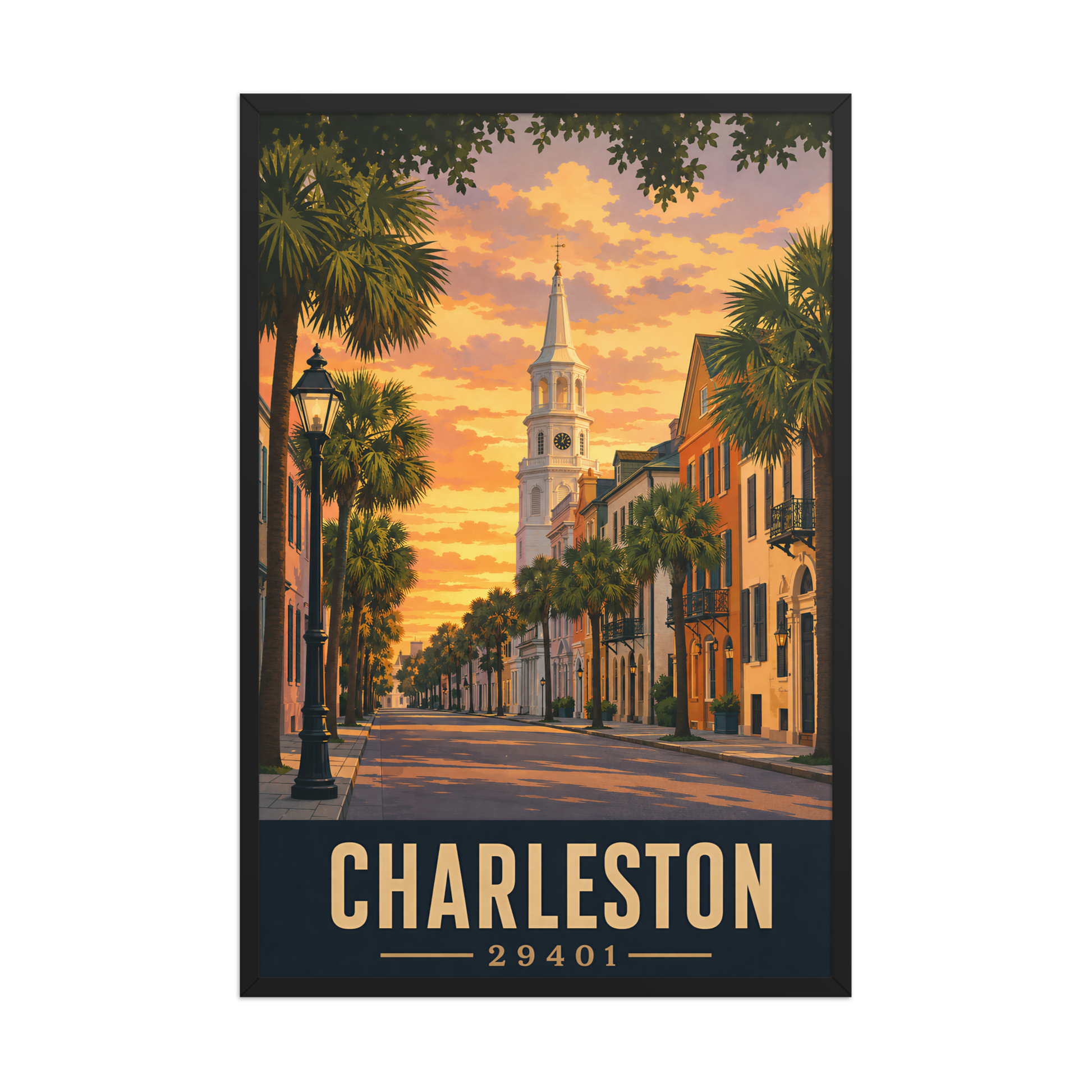 Framed Charleston church steeple sunset poster with 29401 zip code