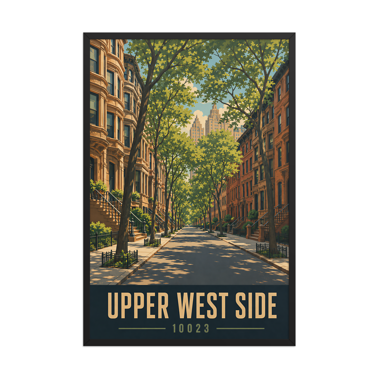 Framed Upper West Side brownstone street poster with 10023 zip code