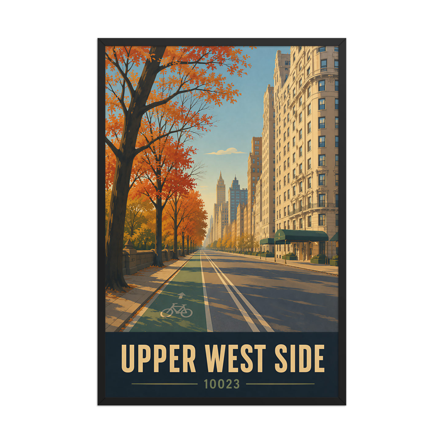 Framed Central Park West autumn poster with 10023 zip code