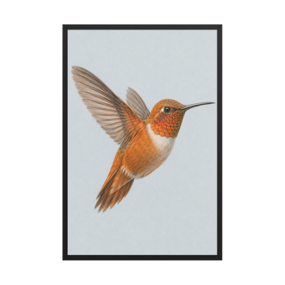 Framed Rufous hummingbird colored pencil illustration print on dusty blue pastel background, wood frame wall art
