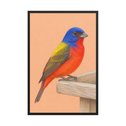 Framed Painted Bunting colored pencil illustration on wooden feeder, apricot background, wood frame wall art