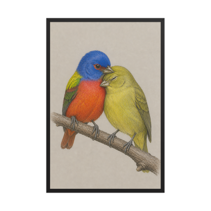 Framed male and female Painted Bunting pair colored pencil illustration, wood frame wall art