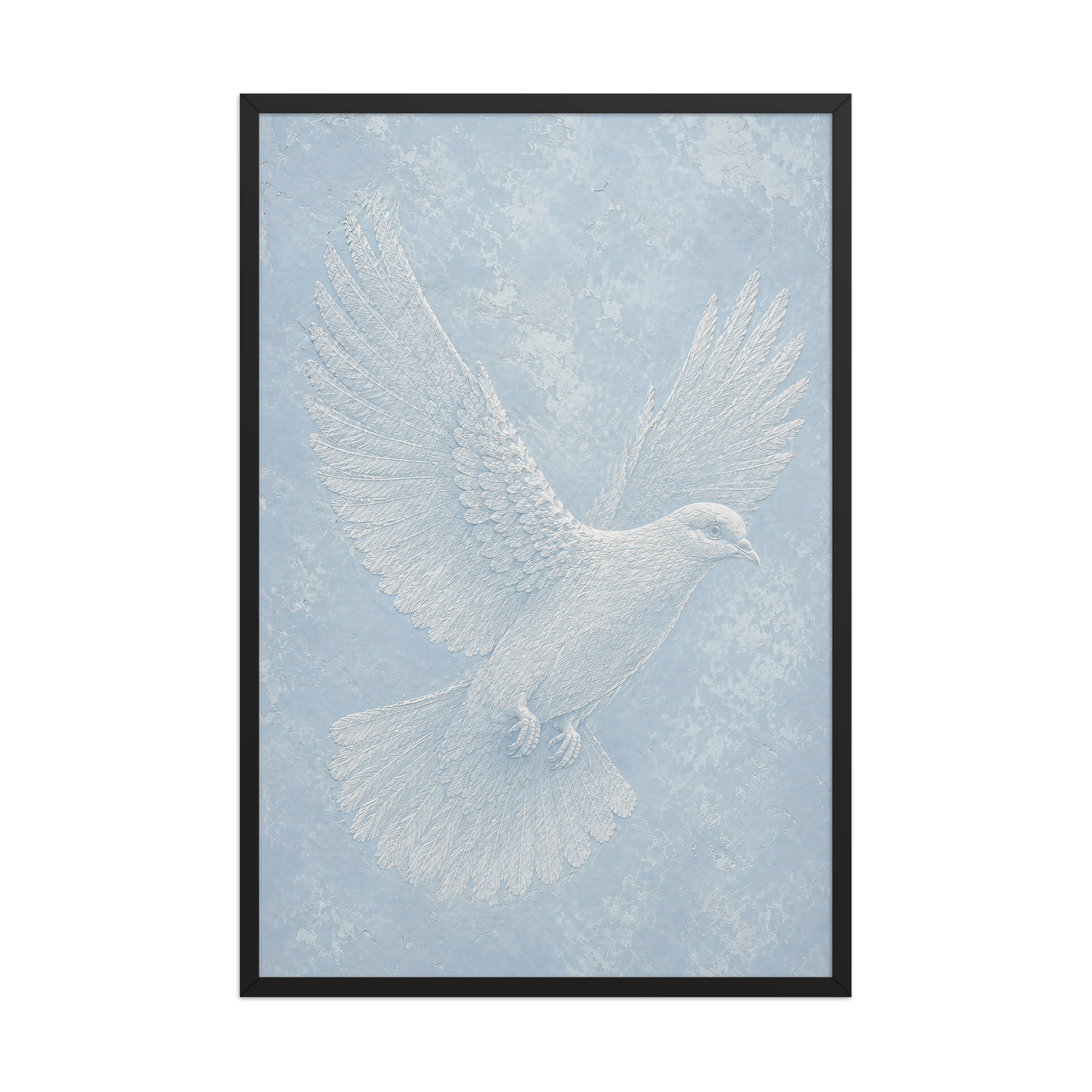 Framed peace dove print with embossed relief-look design on dusty blue textured background