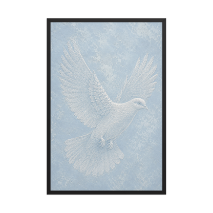 Framed peace dove print with embossed relief-look design on dusty blue textured background