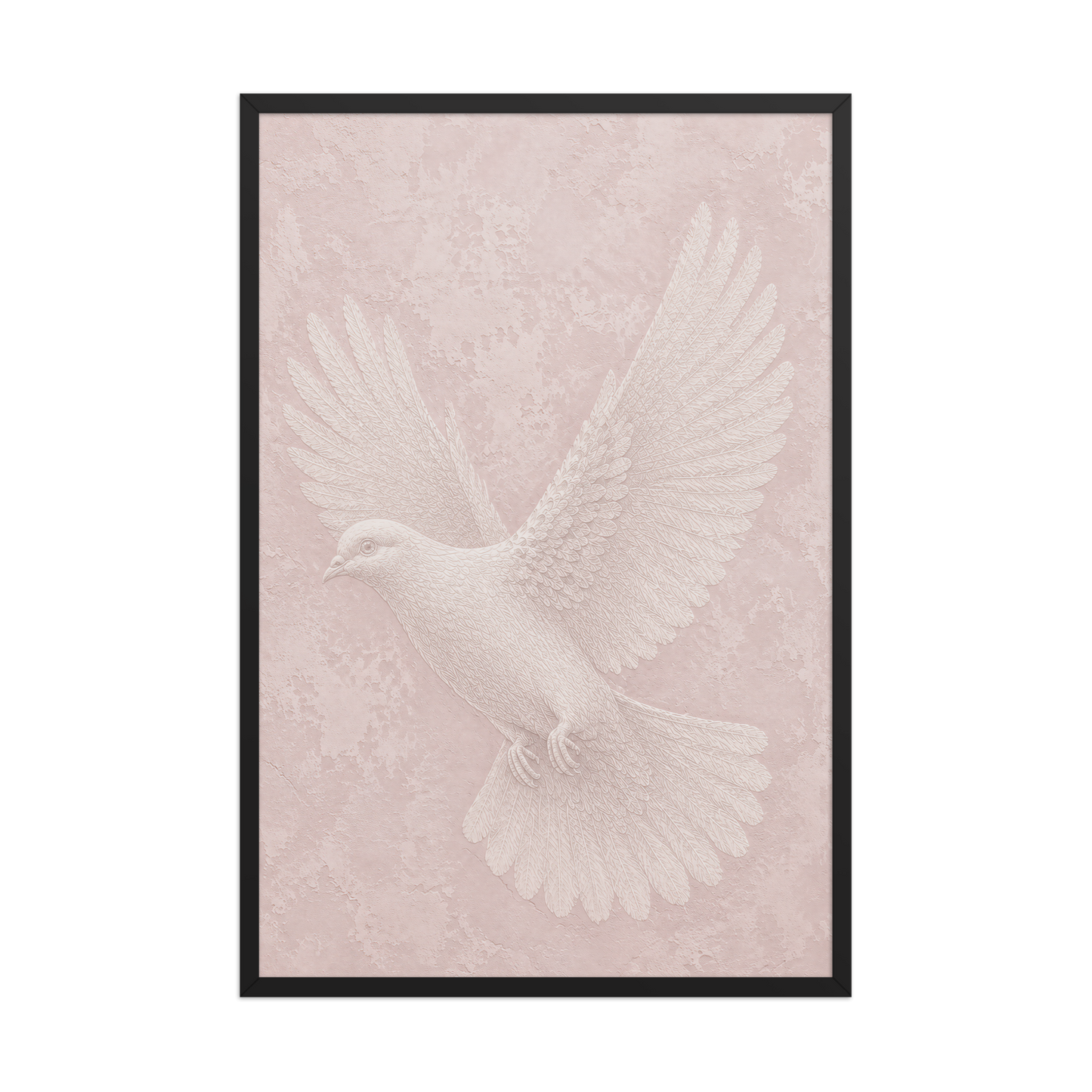 Framed peace dove print with embossed relief-look design on blush pink textured background
