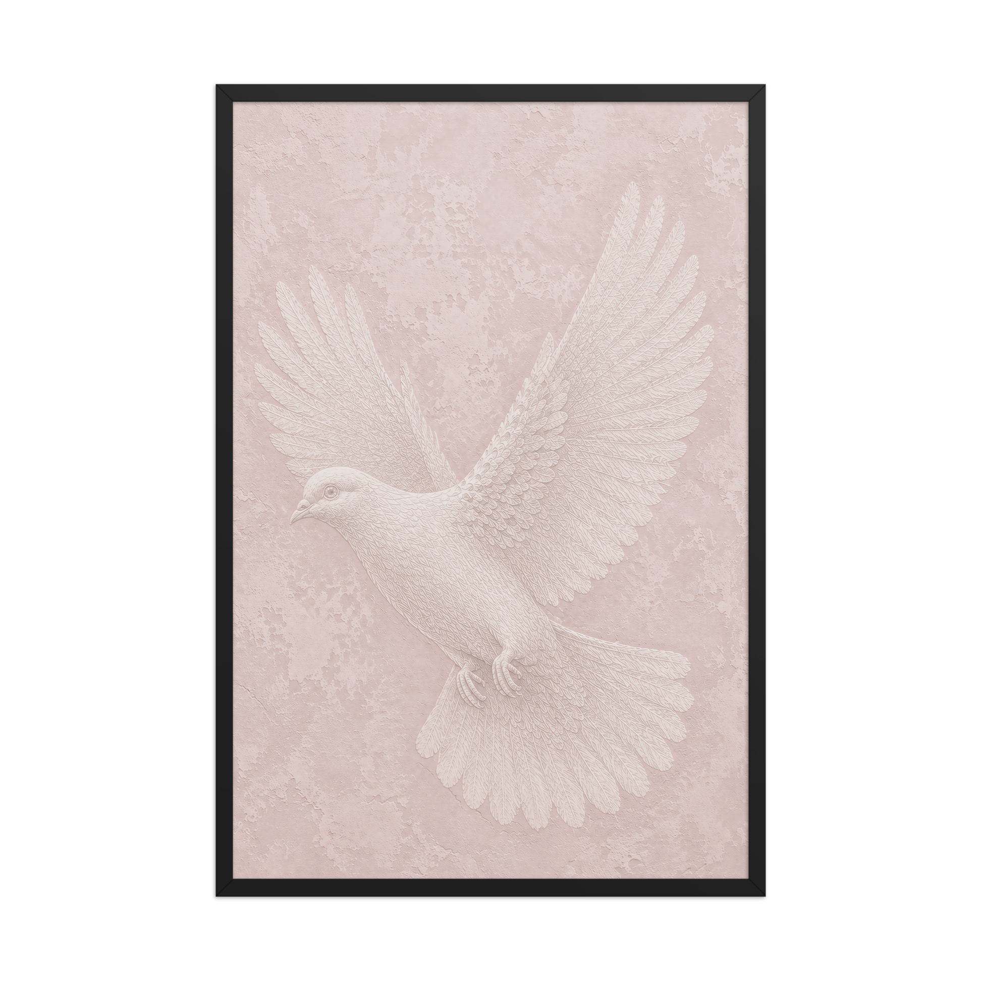 Framed peace dove print with embossed relief-look design on blush pink textured background