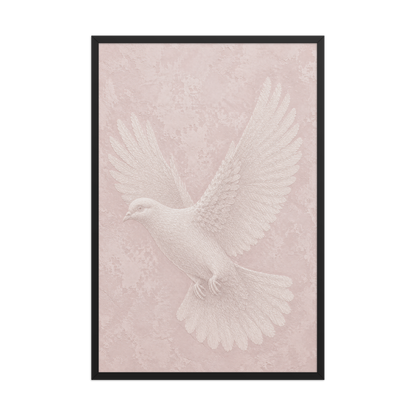 Framed peace dove print with embossed relief-look design on blush pink textured background