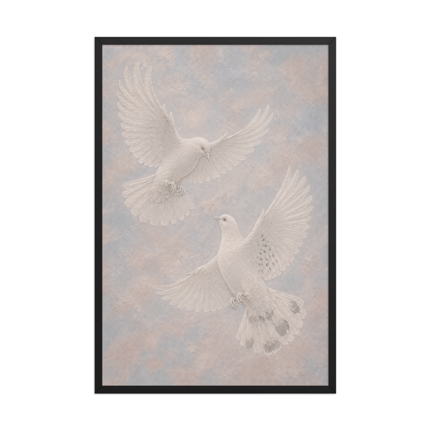 Framed two peace doves print with embossed relief-look design on dusty blue and blush textured background