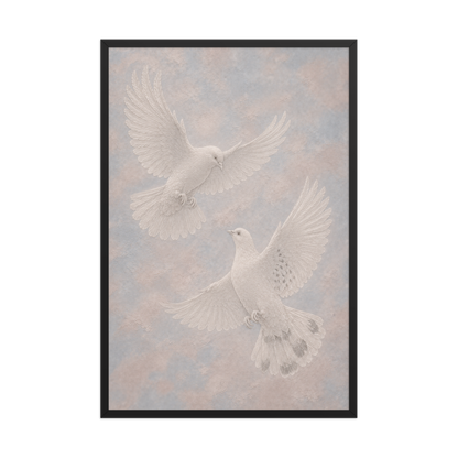 Framed two peace doves print with embossed relief-look design on dusty blue and blush textured background