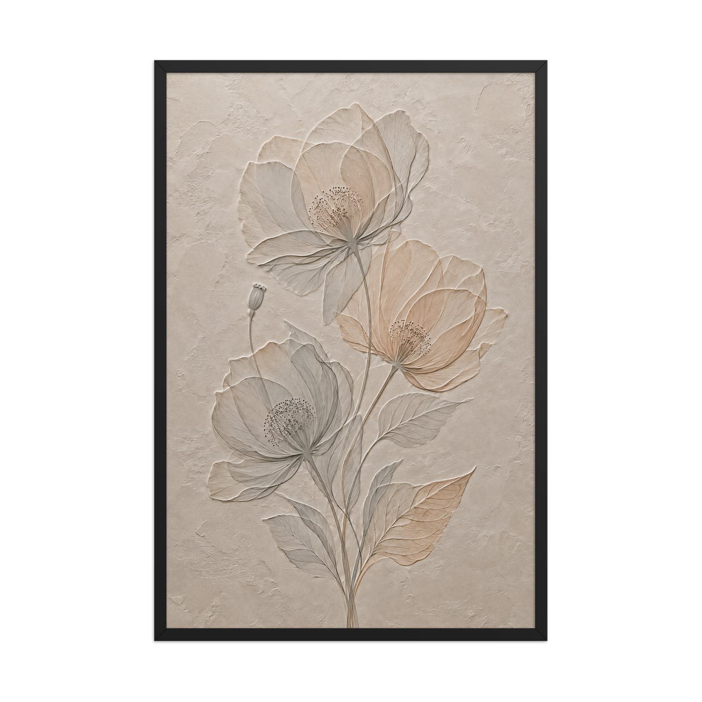 Framed wildflower bouquet print with embossed relief-look design on neutral beige textured background