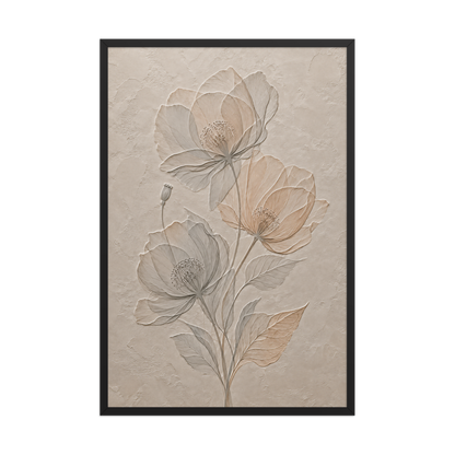 Framed wildflower bouquet print with embossed relief-look design on neutral beige textured background