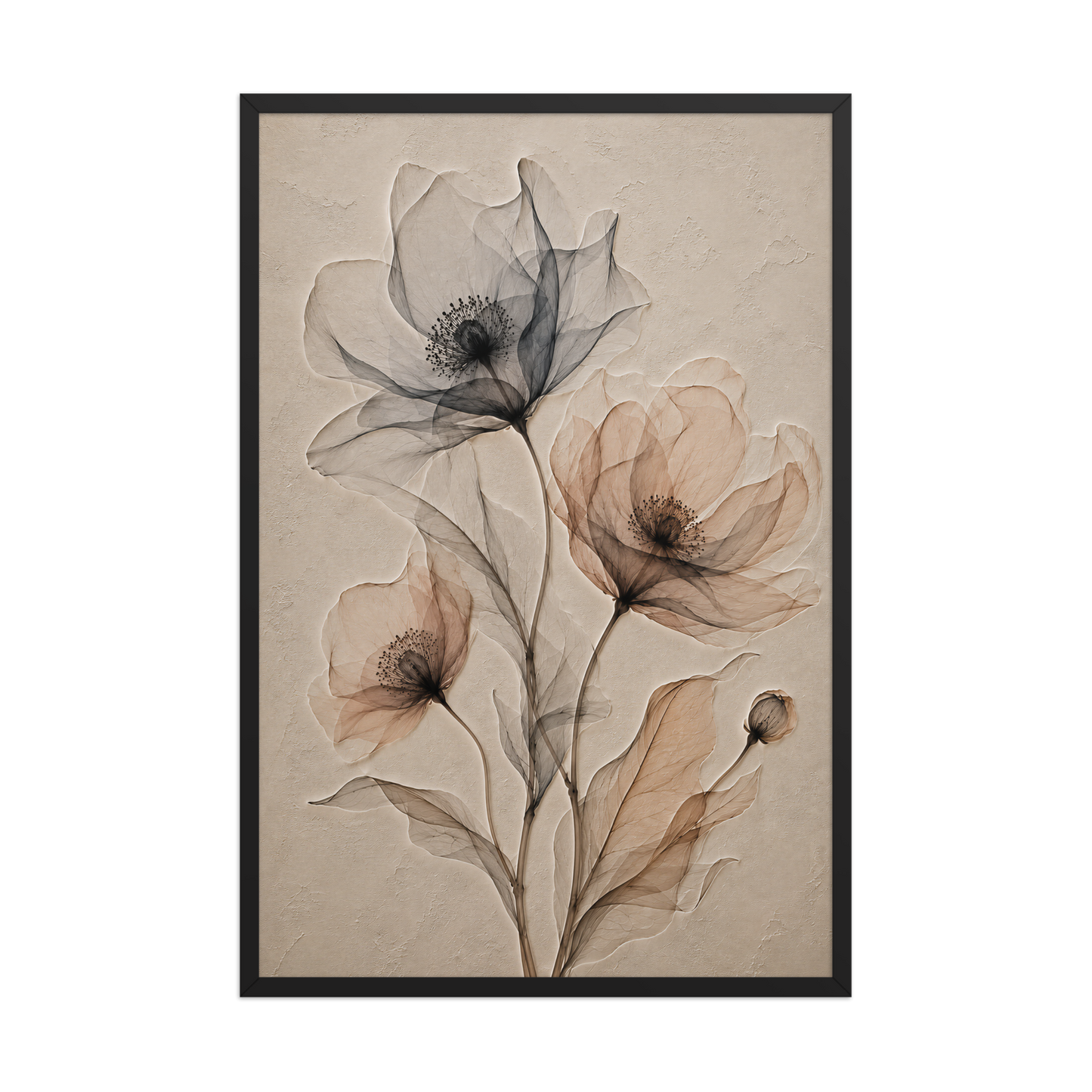 Framed wildflower trio print with embossed relief-look design in charcoal and clay tones on beige textured background