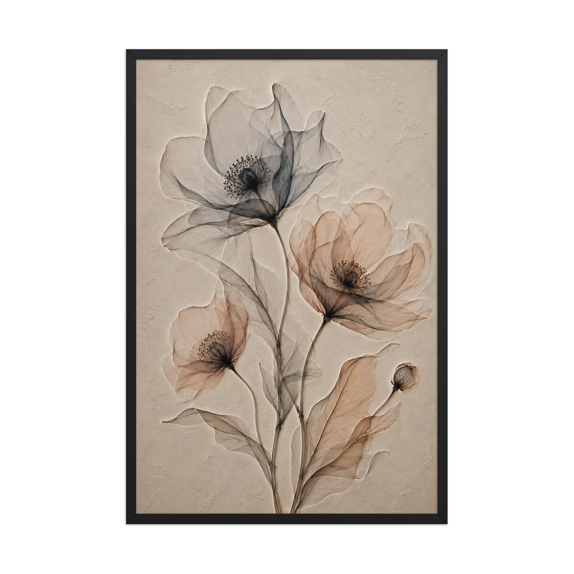 Framed wildflower trio print with embossed relief-look design in charcoal and clay tones on beige textured background