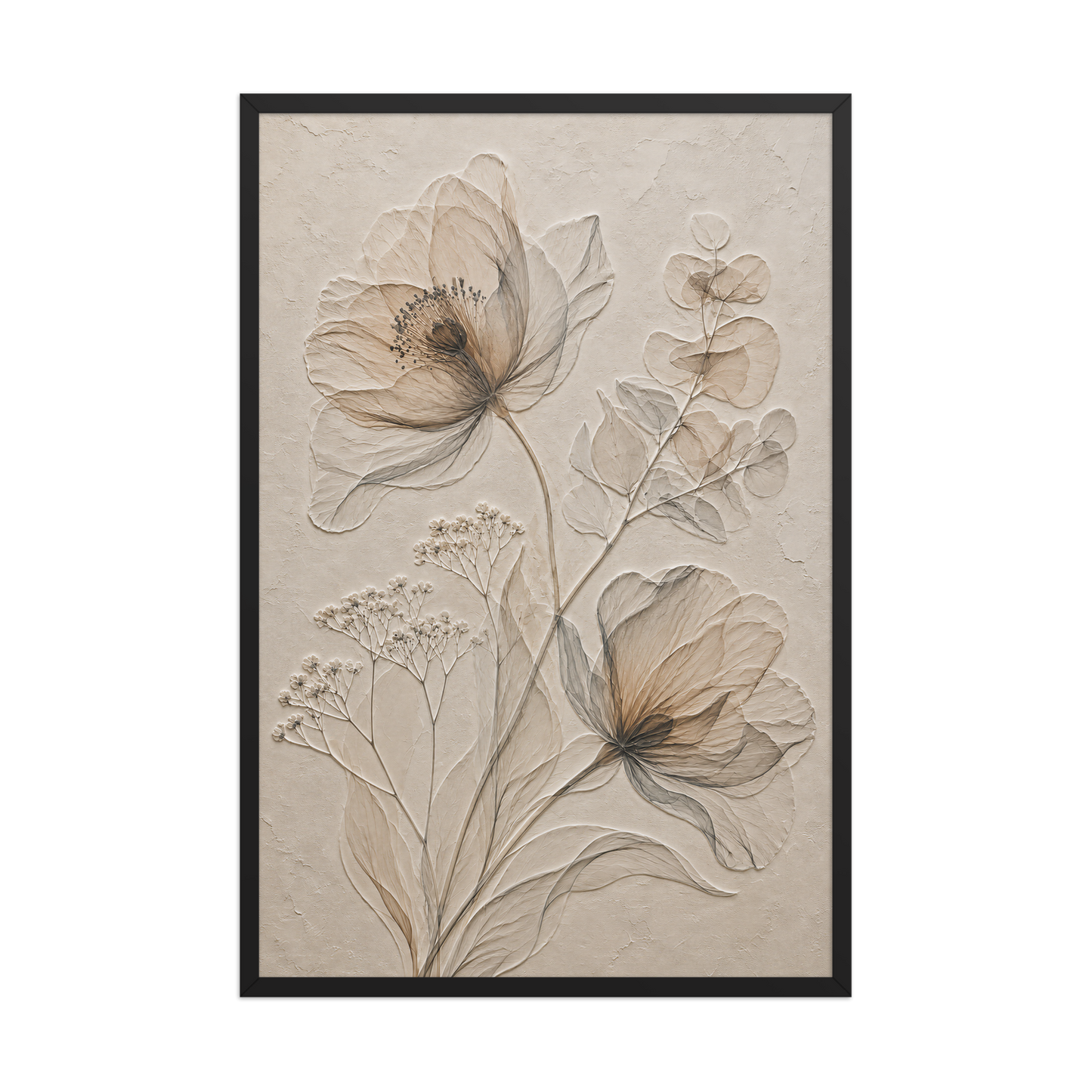 Framed botanical study print with embossed relief-look design in warm sepia tones on beige textured background