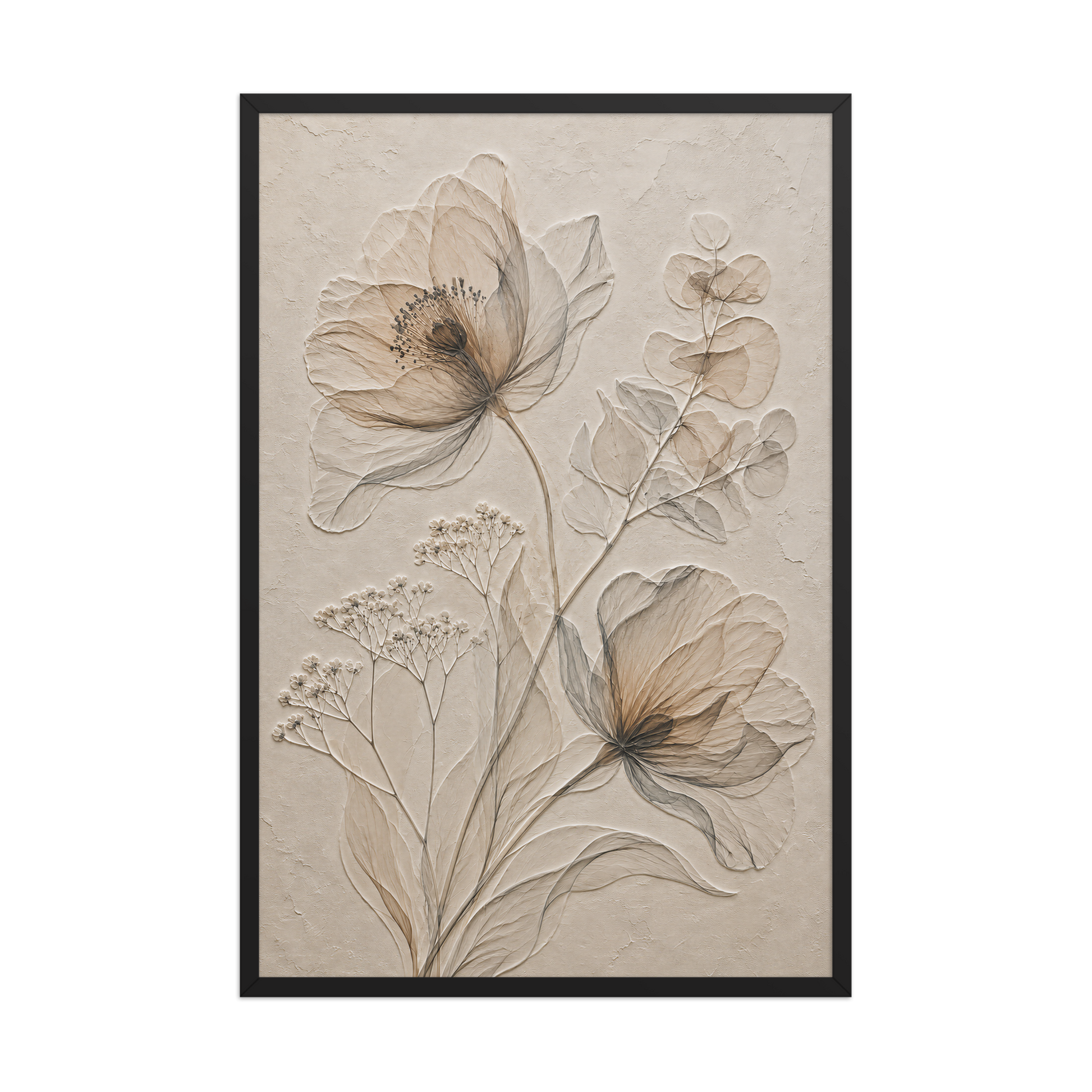 Framed botanical study print with embossed relief-look design in warm sepia tones on beige textured background