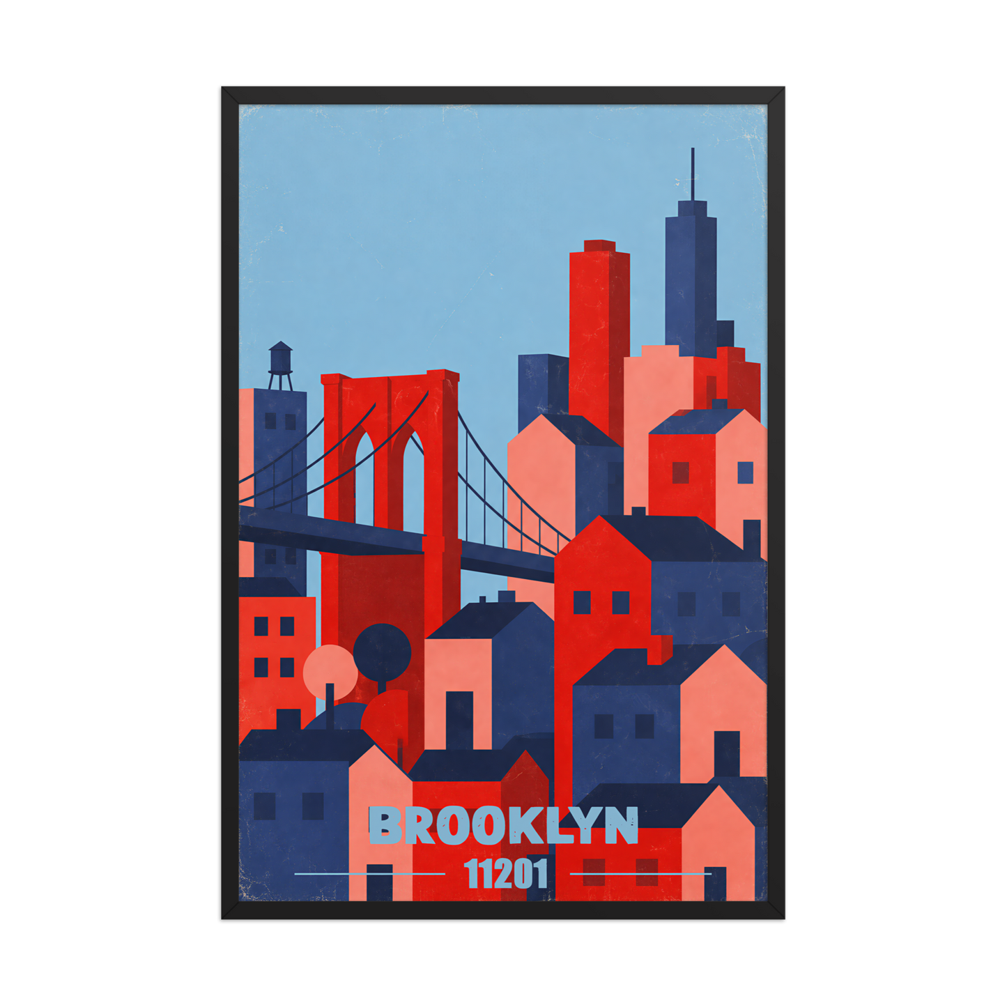 Framed Brooklyn Bridge retro travel poster, 11201 zip code wall art
