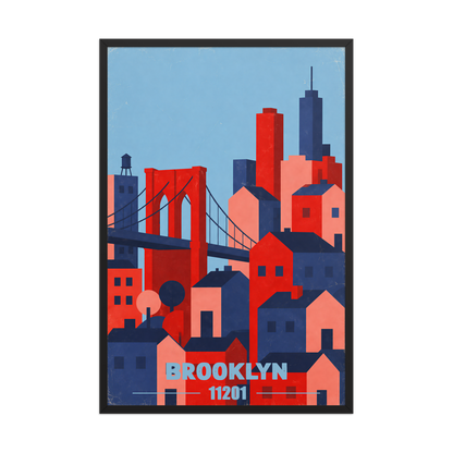 Framed Brooklyn Bridge retro travel poster, 11201 zip code wall art