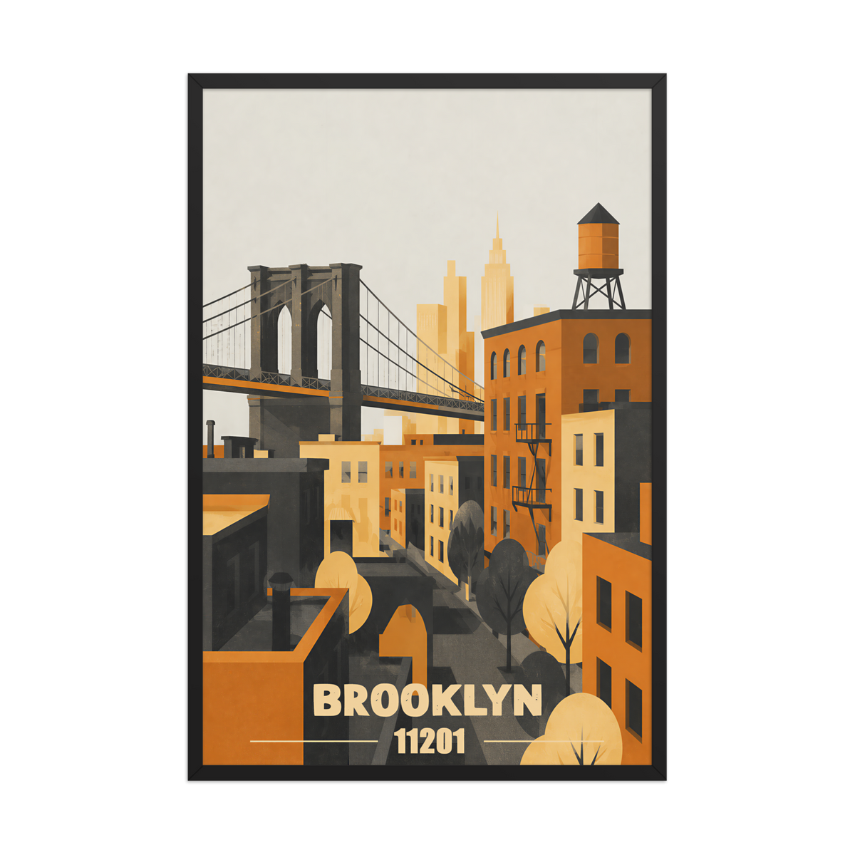Framed Brooklyn fire escape retro travel poster, 11201 zip code wall art