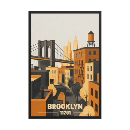 Framed Brooklyn fire escape retro travel poster, 11201 zip code wall art