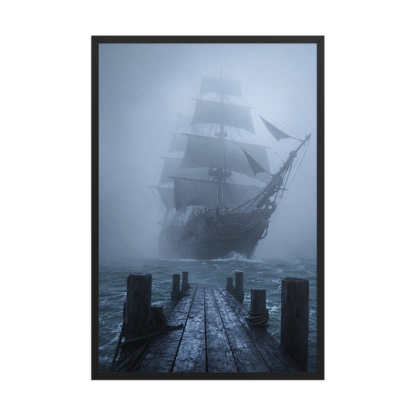 Ghost ship emerging from fog at dawn, dark moody framed wall art print ready to hang, JMTR Jeometry Store