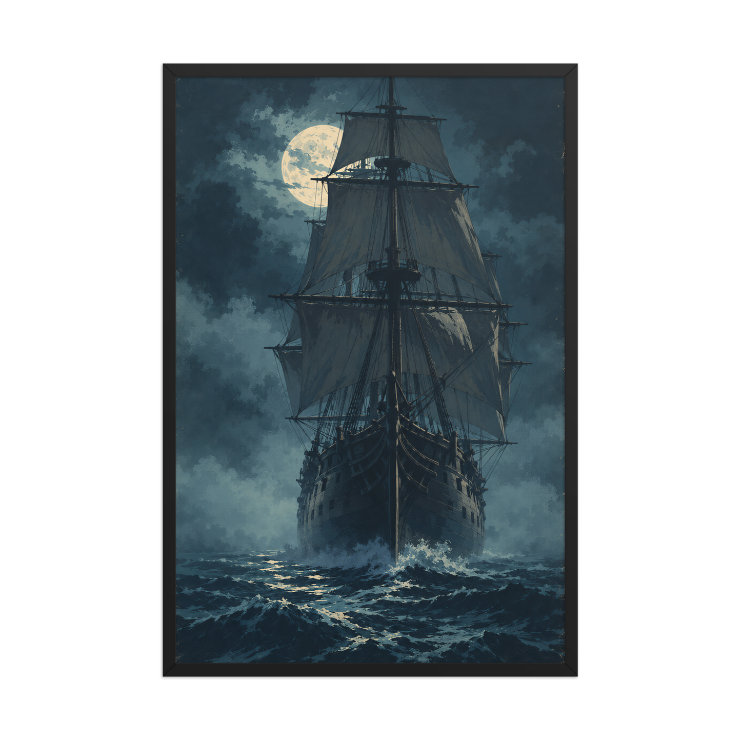 Tall ship sailing under full moon at night, vintage atmospheric nautical framed wall art print ready to hang, JMTR Jeometry Store