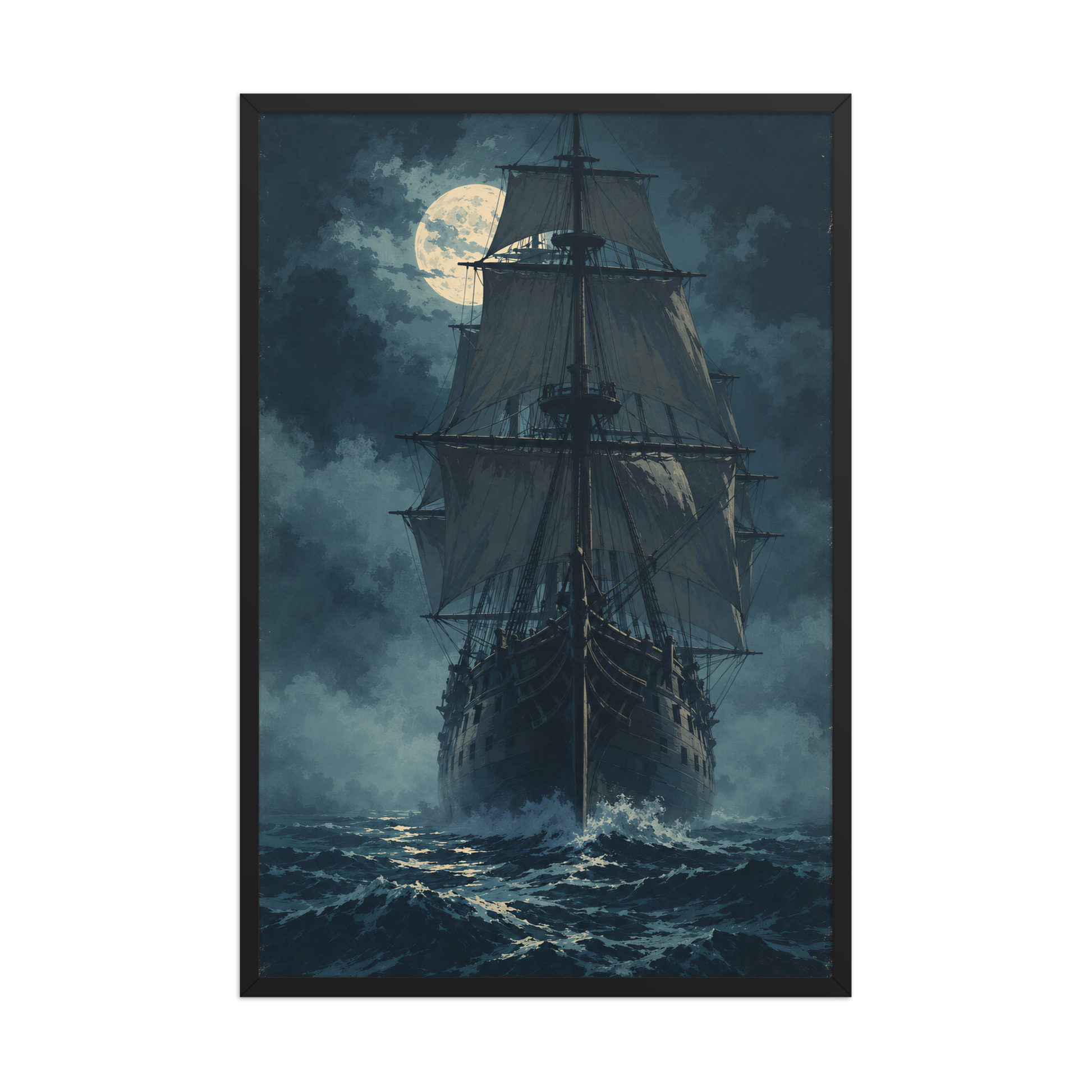Tall ship sailing under full moon at night, vintage atmospheric nautical framed wall art print ready to hang, JMTR Jeometry Store