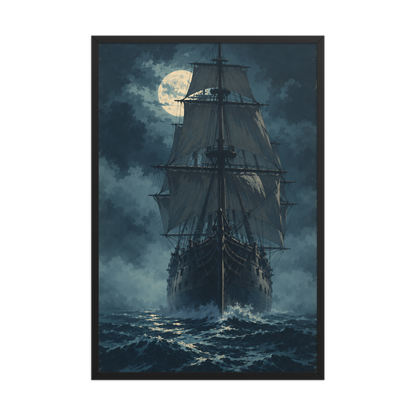 Tall ship sailing under full moon at night, vintage atmospheric nautical framed wall art print ready to hang, JMTR Jeometry Store