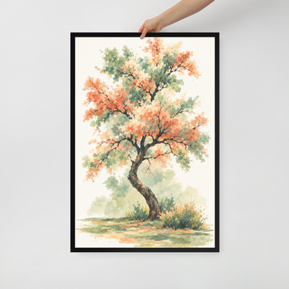 Watercolor painting of a blossoming tree with coral and sage green leaves, twisting trunk in a quiet meadow, framed wall art print ready to hang, JMTR Jeometry Store