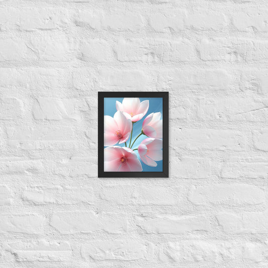 Elegant floral framed wall art with pastel pink flowers, minimalist botanical poster for bedroom or living room.