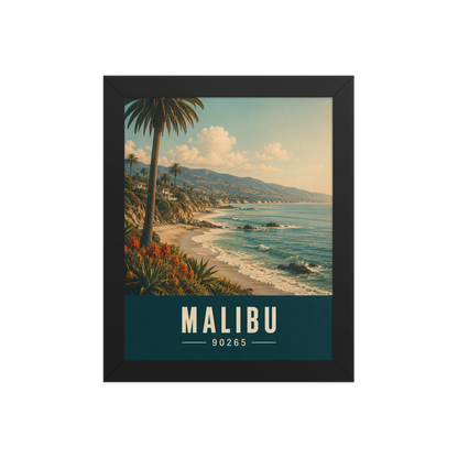 Framed Malibu California retro travel poster with 90265 zip code, coastal beach wall art