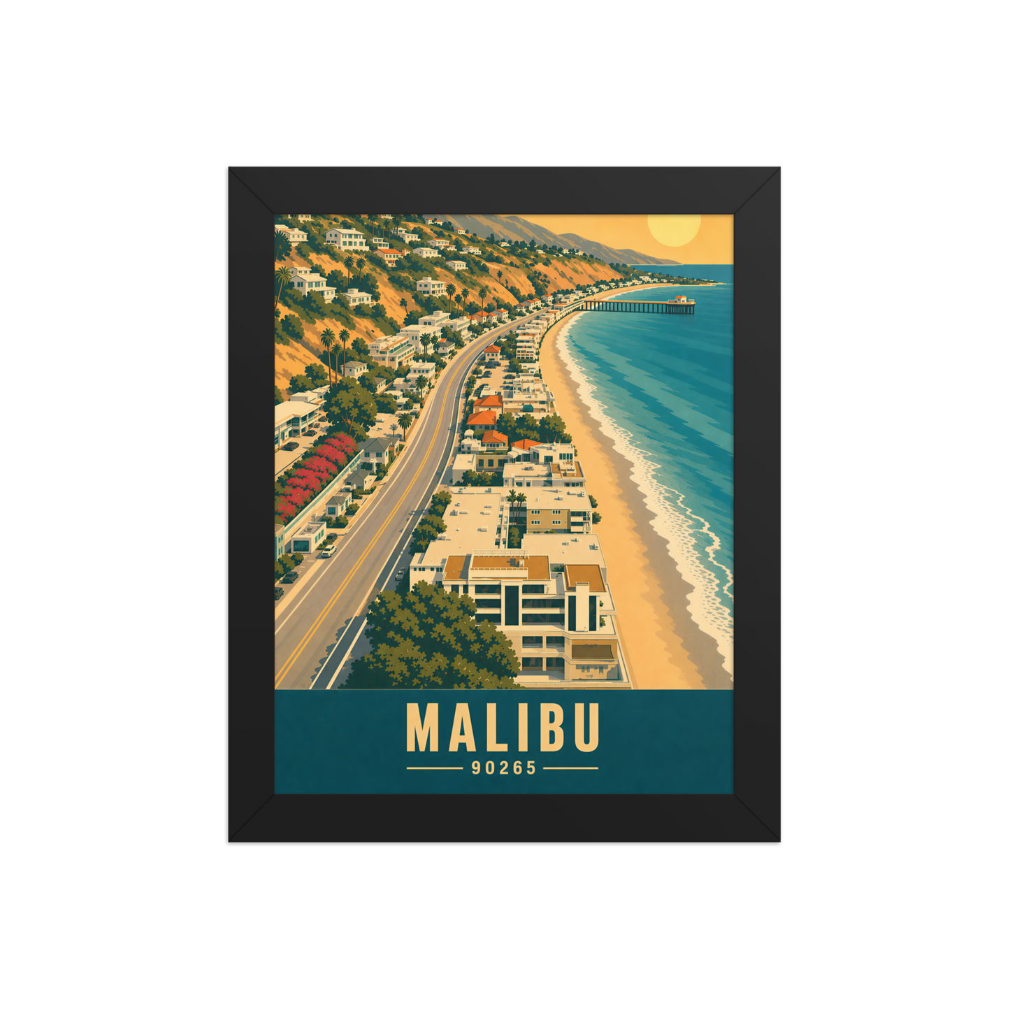 Framed aerial Malibu Pacific Coast Highway poster with 90265 zip code