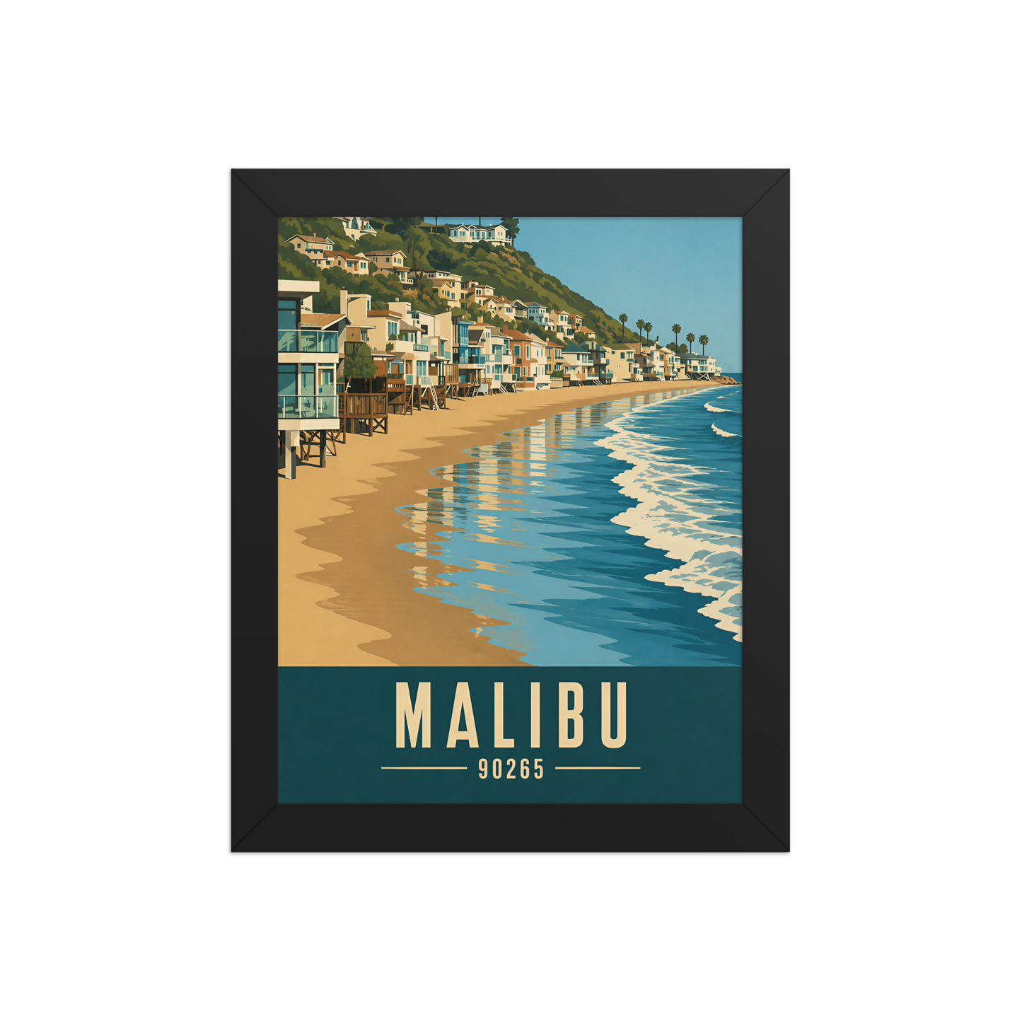 Framed Malibu beach house coastal poster with 90265 zip code