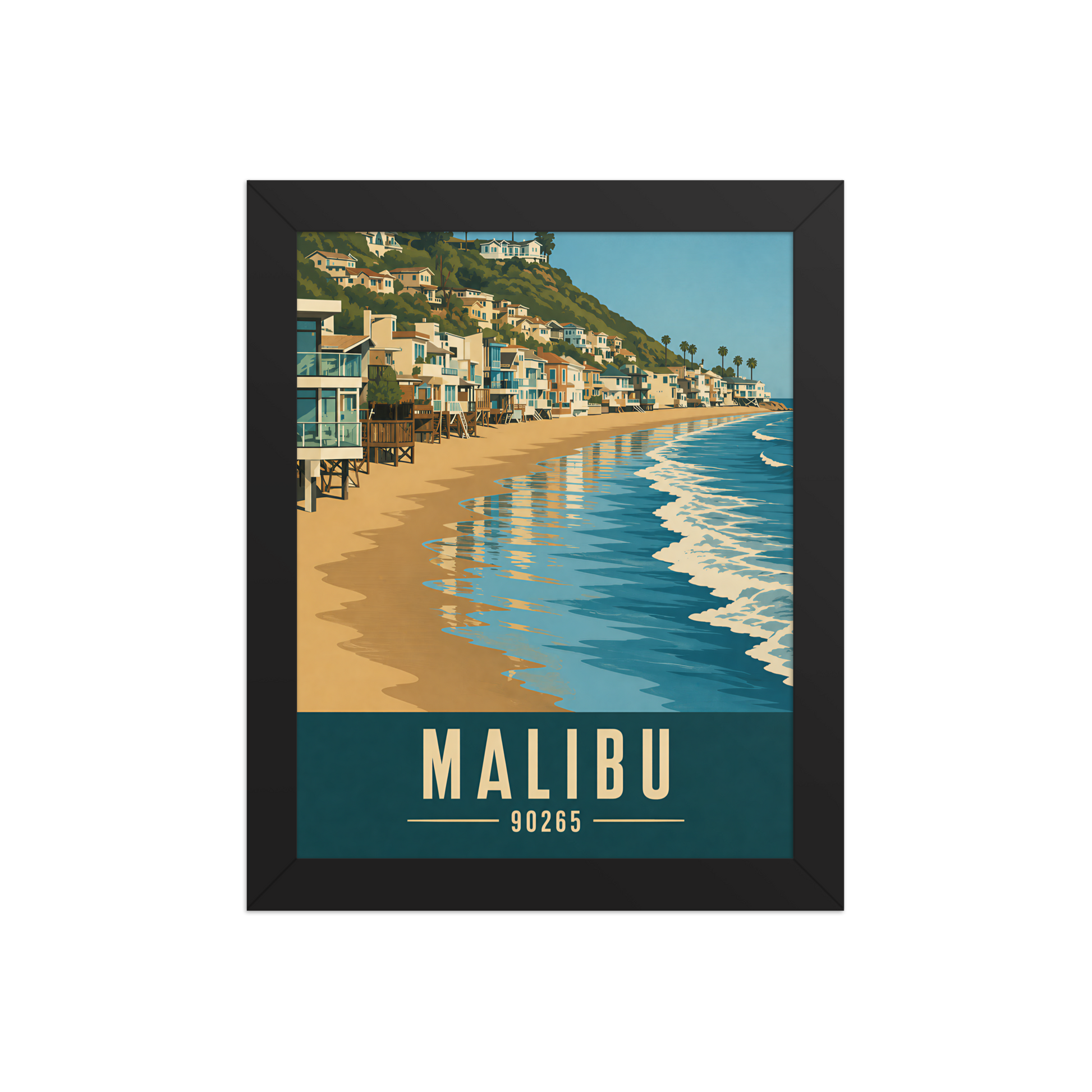 Framed Malibu beach house coastal poster with 90265 zip code