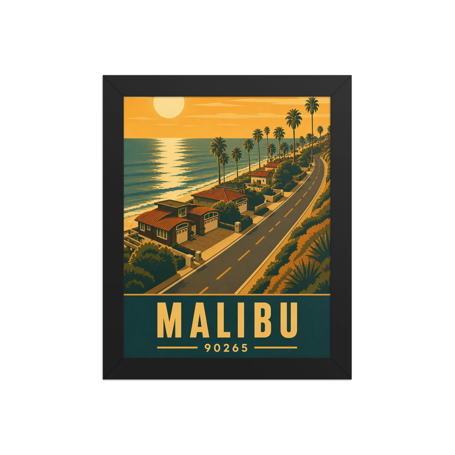 Framed Malibu palm-lined sunset coastal road poster with 90265 zip code