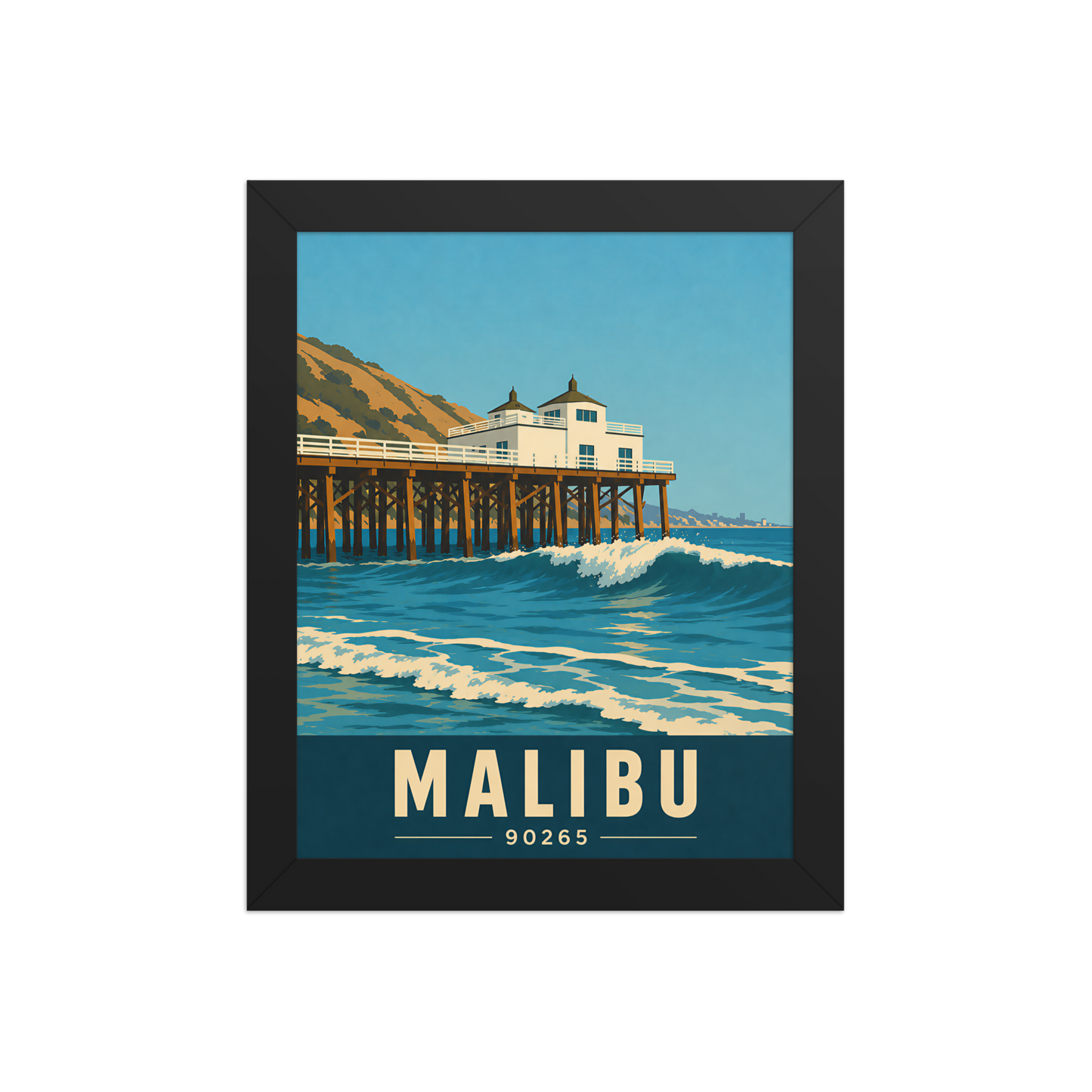 Framed Malibu oceanfront pier and waves poster with 90265 zip code