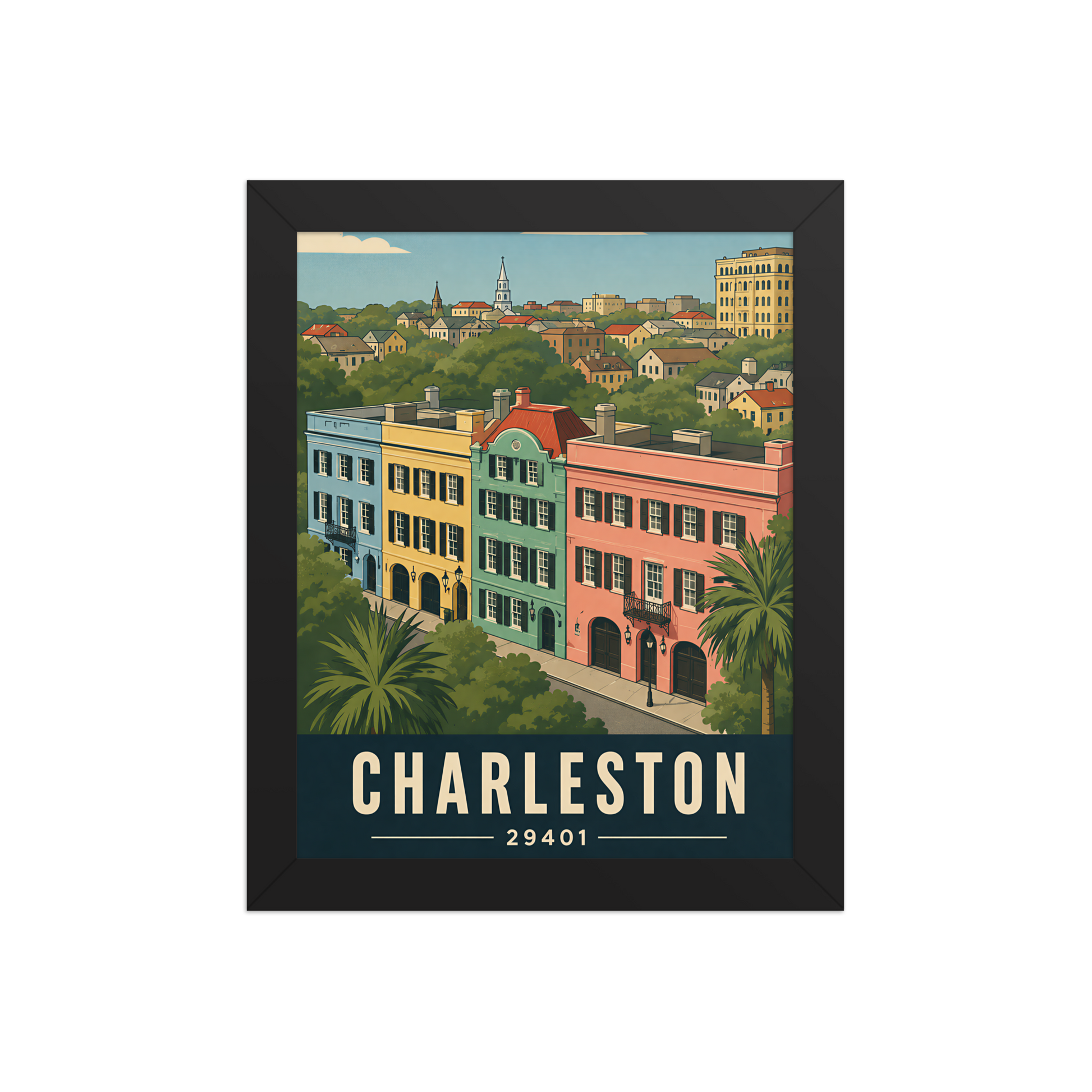 Framed Rainbow Row Charleston historic homes poster with 29401 zip code