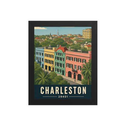 Framed Rainbow Row Charleston historic homes poster with 29401 zip code