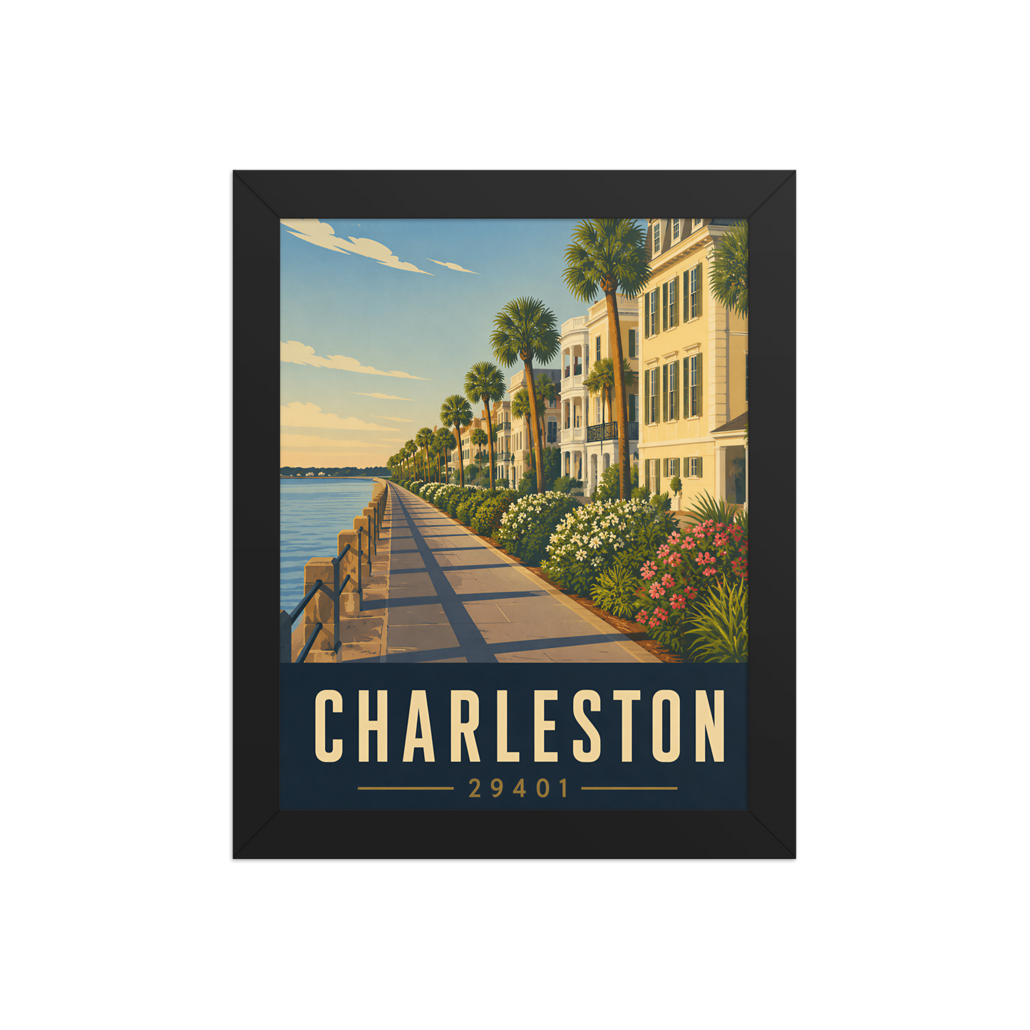 Framed Charleston The Battery waterfront poster with 29401 zip code